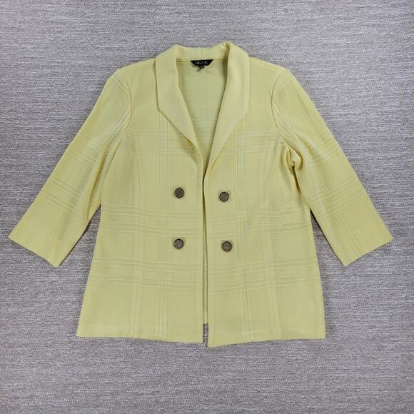Misook Knit Sweater Jacket PM Petite Yellow Plaid Double Breasted 3/4 Sleeve - Picture 2 of 16